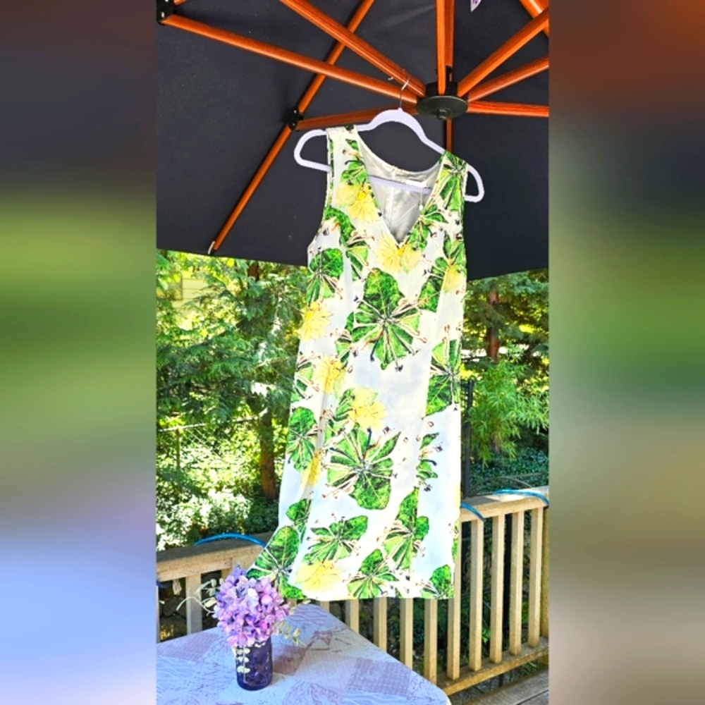 🤑 Nwt Ala Von Auersperg Green and Yellow Midi dress with Tropical Print 🤑 - Picture 3 of 16